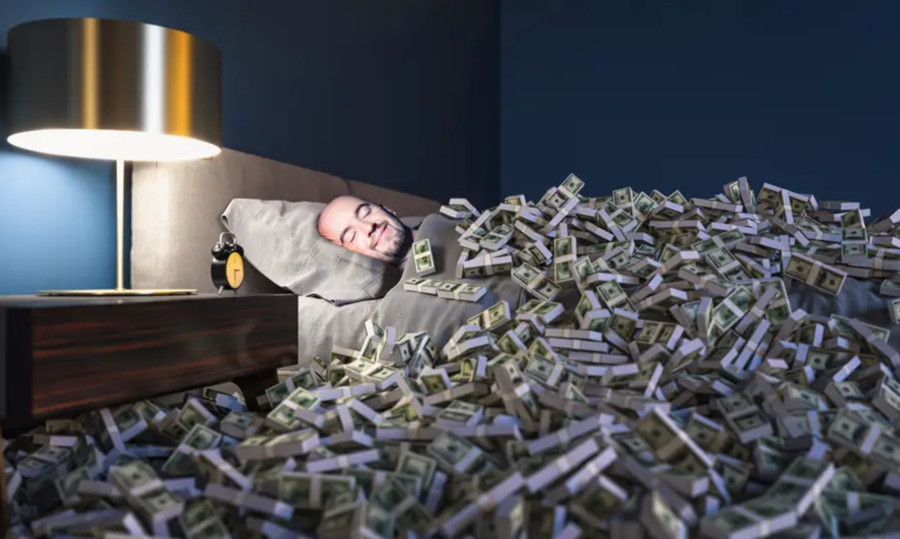 Homeowner sleeping soundly in a bed covered with stacks of cash, symbolizing passive wealth growth and home price appreciation in San Diego real estate