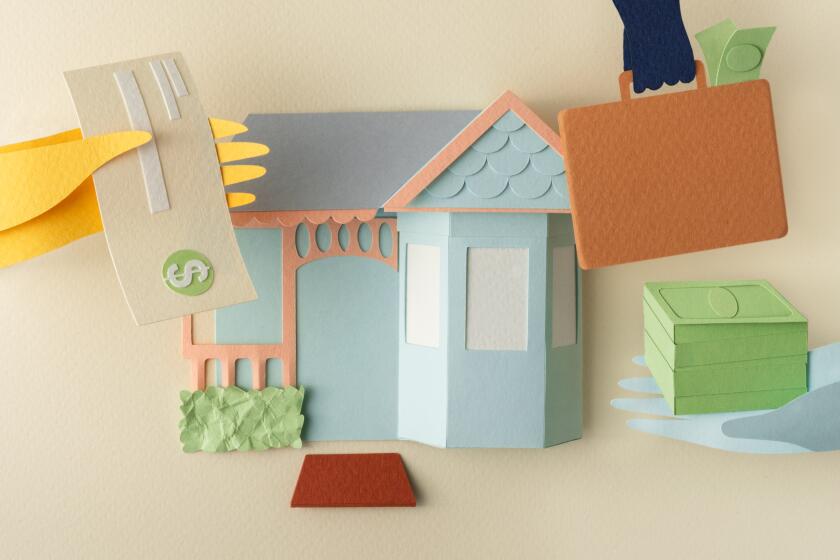 Paper cutout illustration of a house with hands exchanging money and a briefcase depicts Seller credits for repairs and upgrades in San Diego real estate