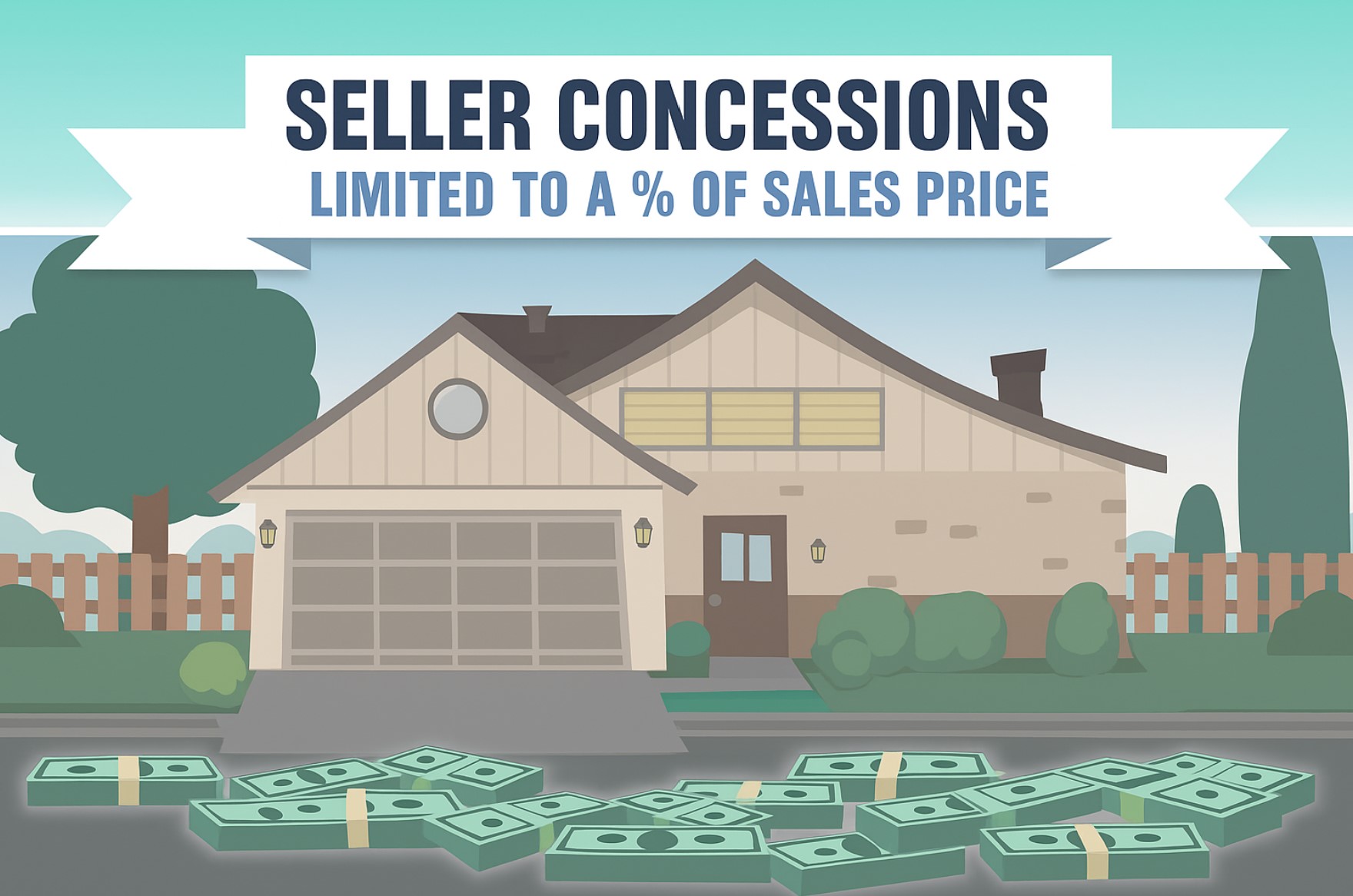 Illustration of a house with cash bundles on the driveway and text about seller concessions, highlighting max limits on Seller closing cost credits in San Diego real estate