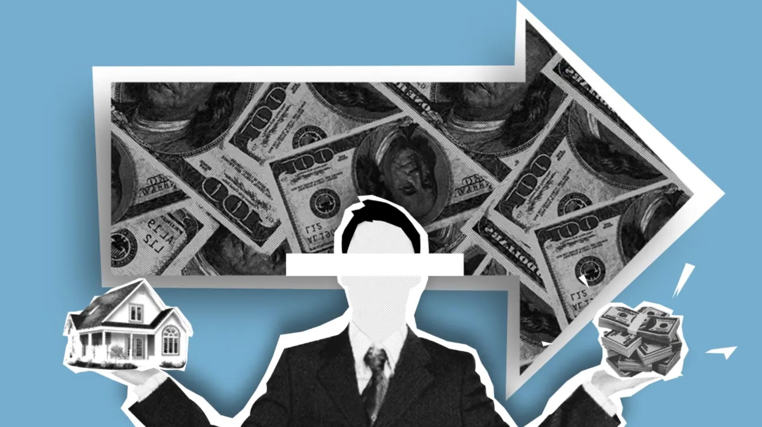 Collage of a real estate agent holding a house and cash in each hand with an arrow full of hundred-dollar bills in the background, reflecting the risk of waiting for the San Diego real estate market to crash prices drop